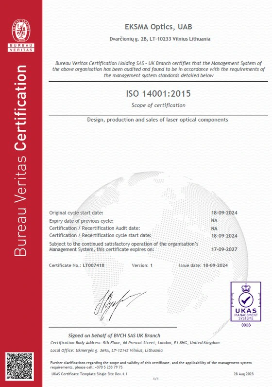 ISO 14001:2015 certificate issued by Bureau Veritas