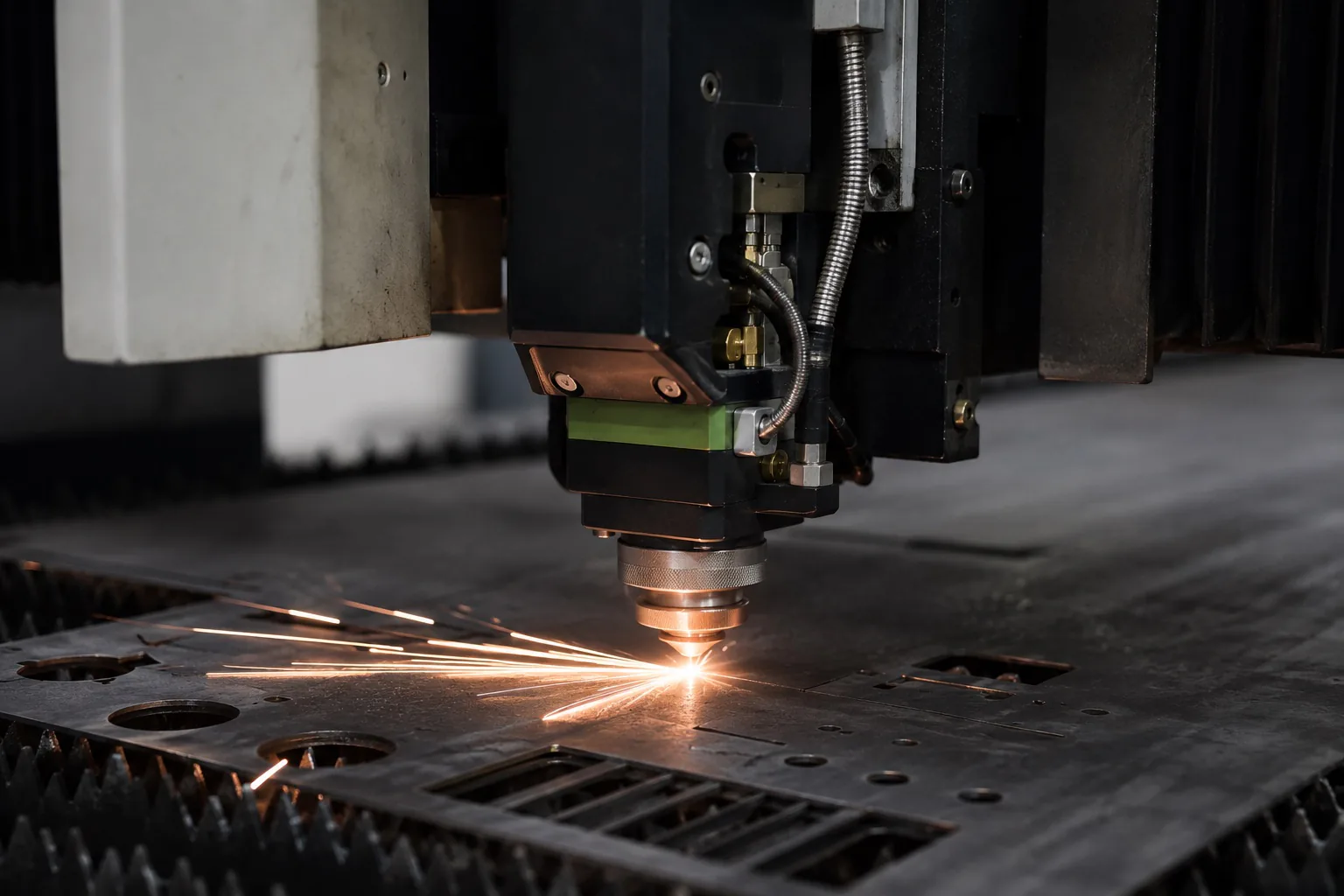 Industrial laser cutting head at work on sheet metal