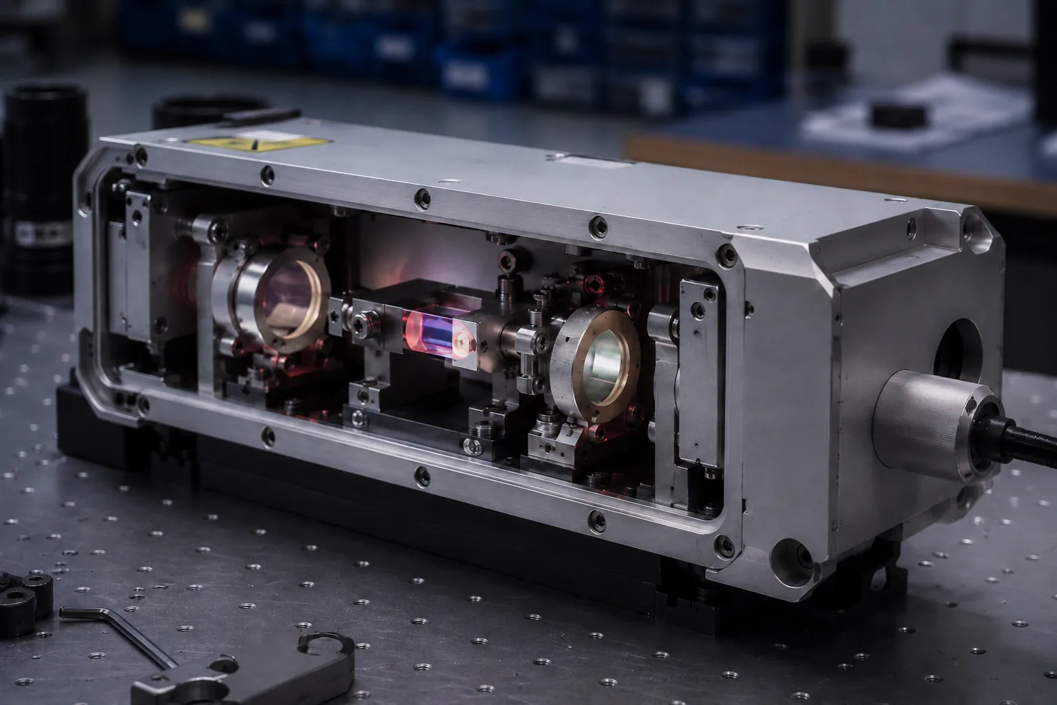 Laser system on an optical bench in an Eksma Optics laboratory