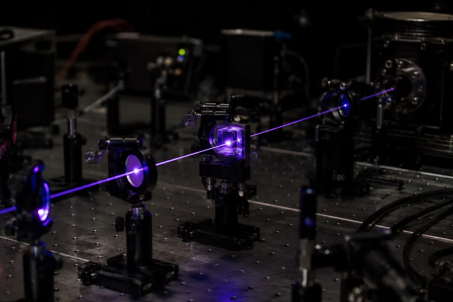 Researcher aligning optics on a laboratory laser setup