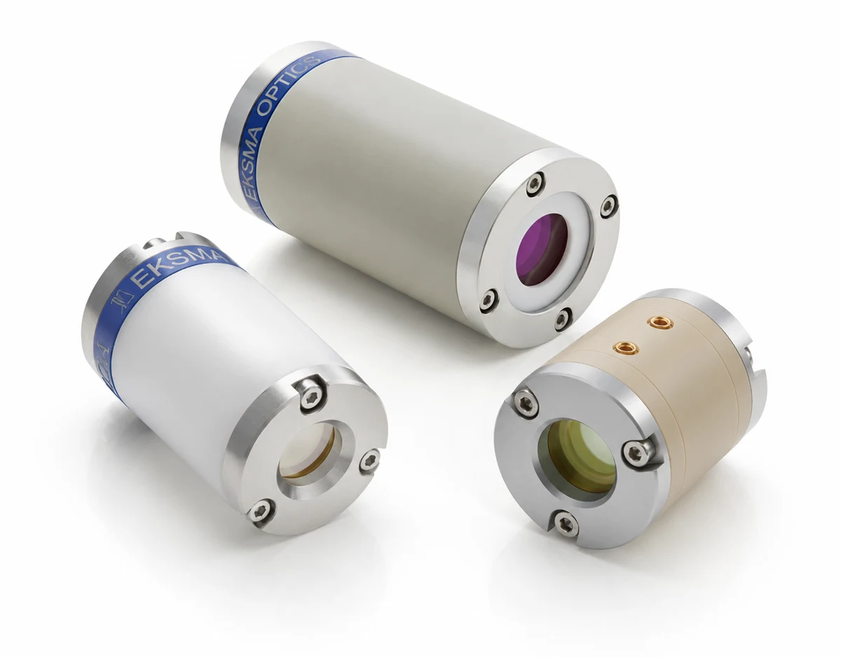 Three EKSMA Optics Pockels cells side by side, showing their clear apertures and high-voltage connectors